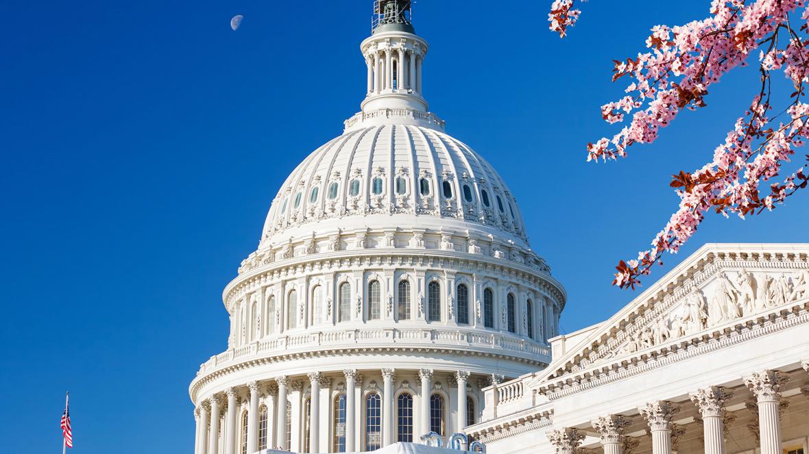 Close-up of the U.S. Capitol dome under a clear blue sky, with a half-moon visible in the background.